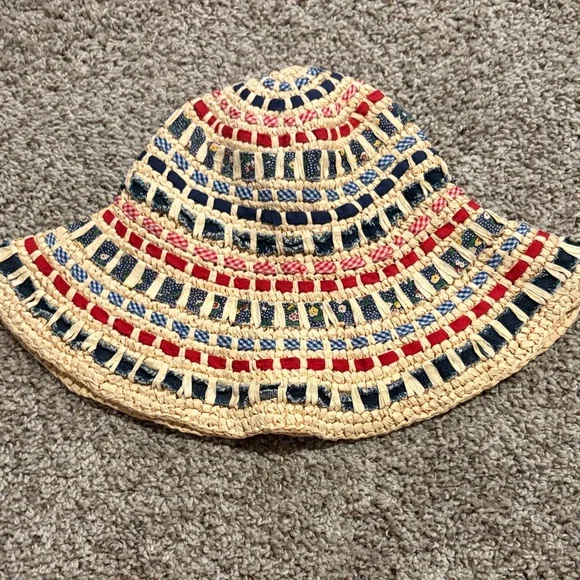 “Quilted” + Straw Bucket Hat with Red and Navy Ribbon - Picture 1 of 3